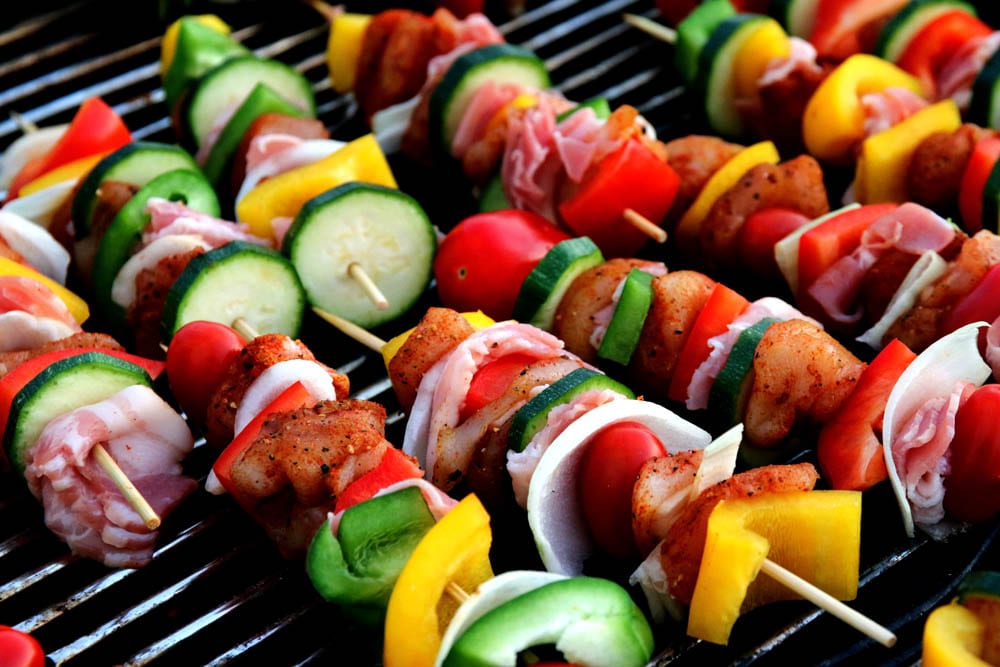 Grilled meat and vegetable kebabs