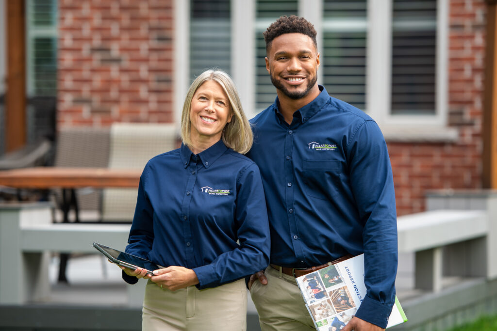 home inspectors smiling outside of home